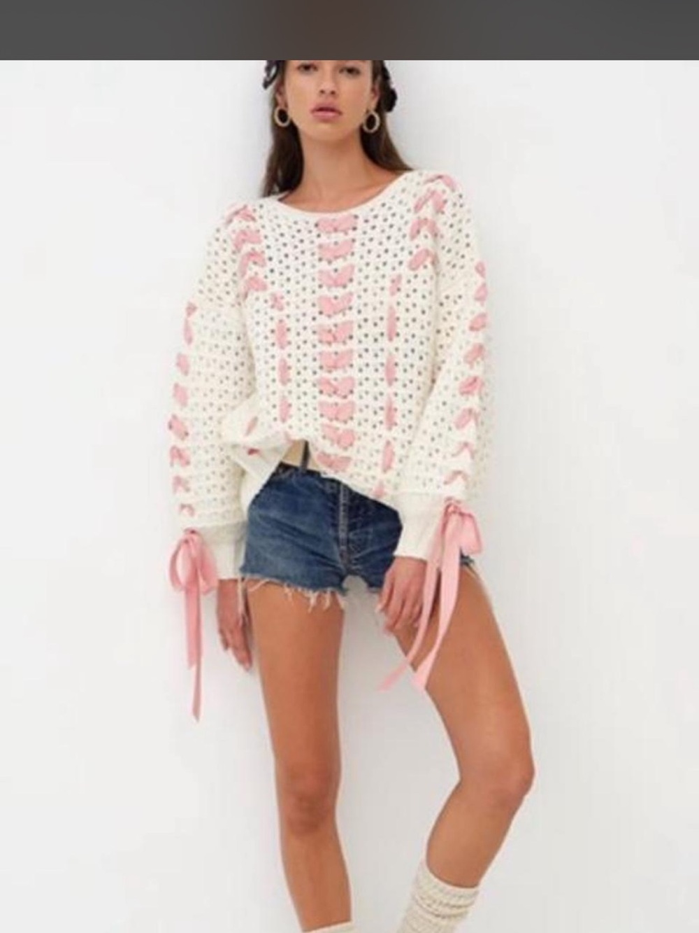 For love and lemons Cream & Pink Ribbon-Detail Crochet Sweater